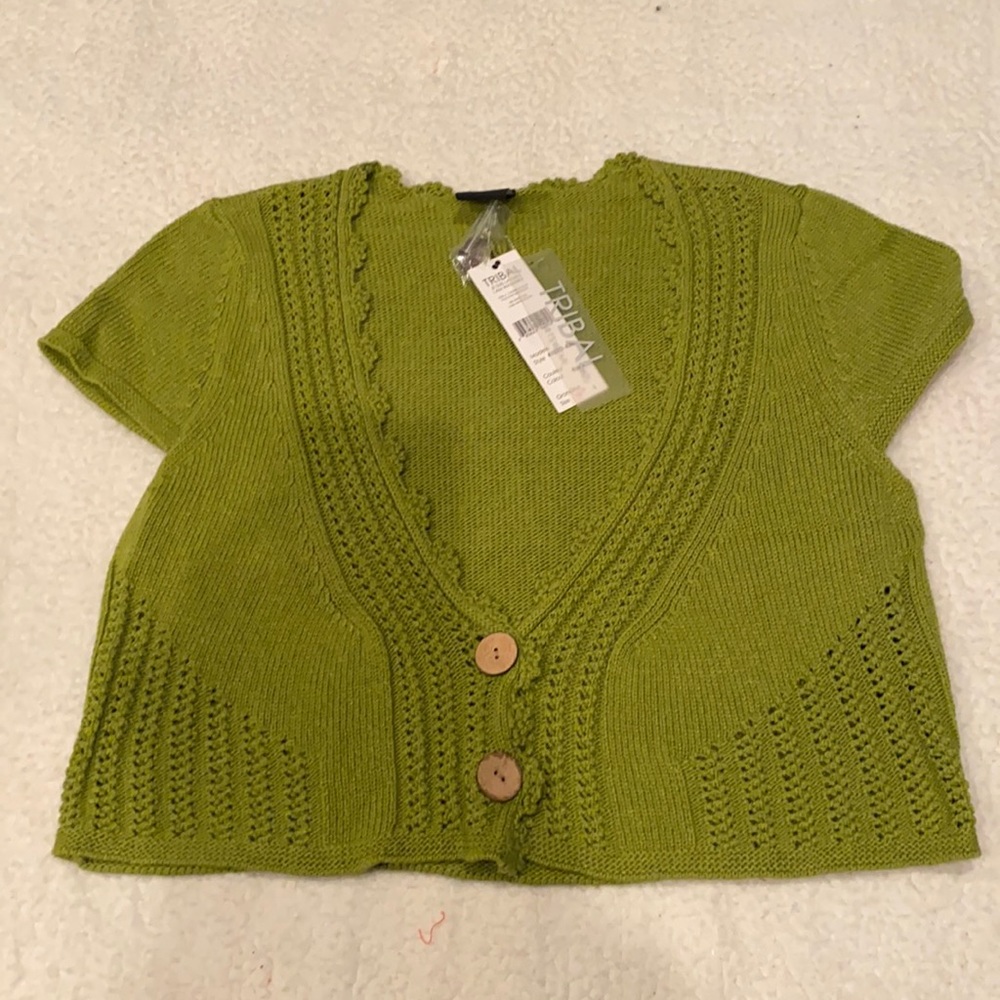 Tribal, Green, Short Sleeve Cropped Sweater Size Large